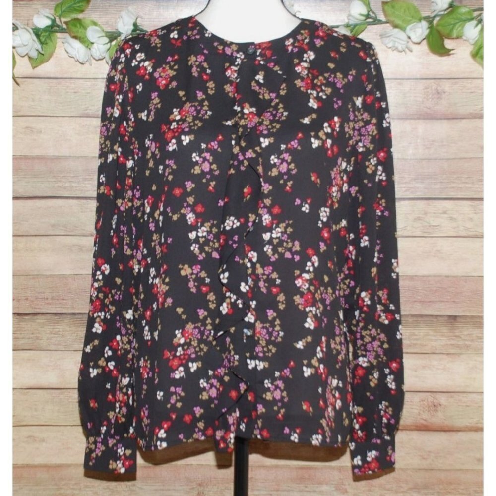 Ann Taylor Ladies Black Floral Long Sleeve Blouse Size S Button Up Ruffle Front